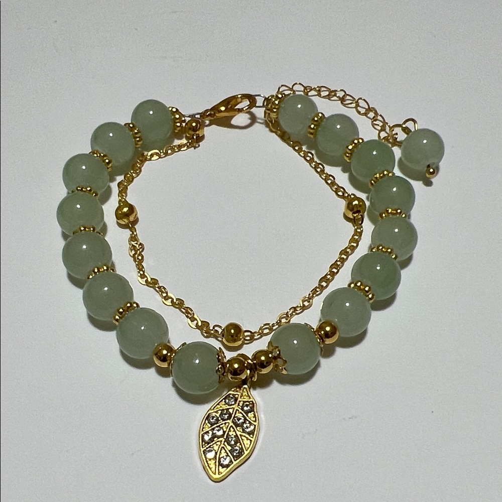 Gold and Green Jade Beaded Bracelet with Leaf Pendant